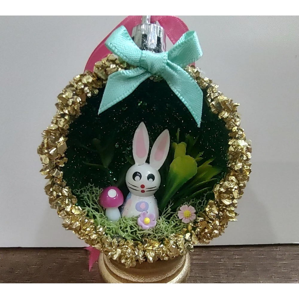 Bunny Rabbit Christmas Ornament Handmade Vtg Style OOAK Shatterproof Diorama